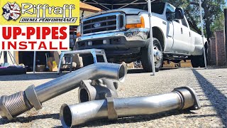 2001 F350 73  RiffRaff UpPipes Install  Stock up pipes leaking and falling apart JUNK SP [upl. by Jeddy881]